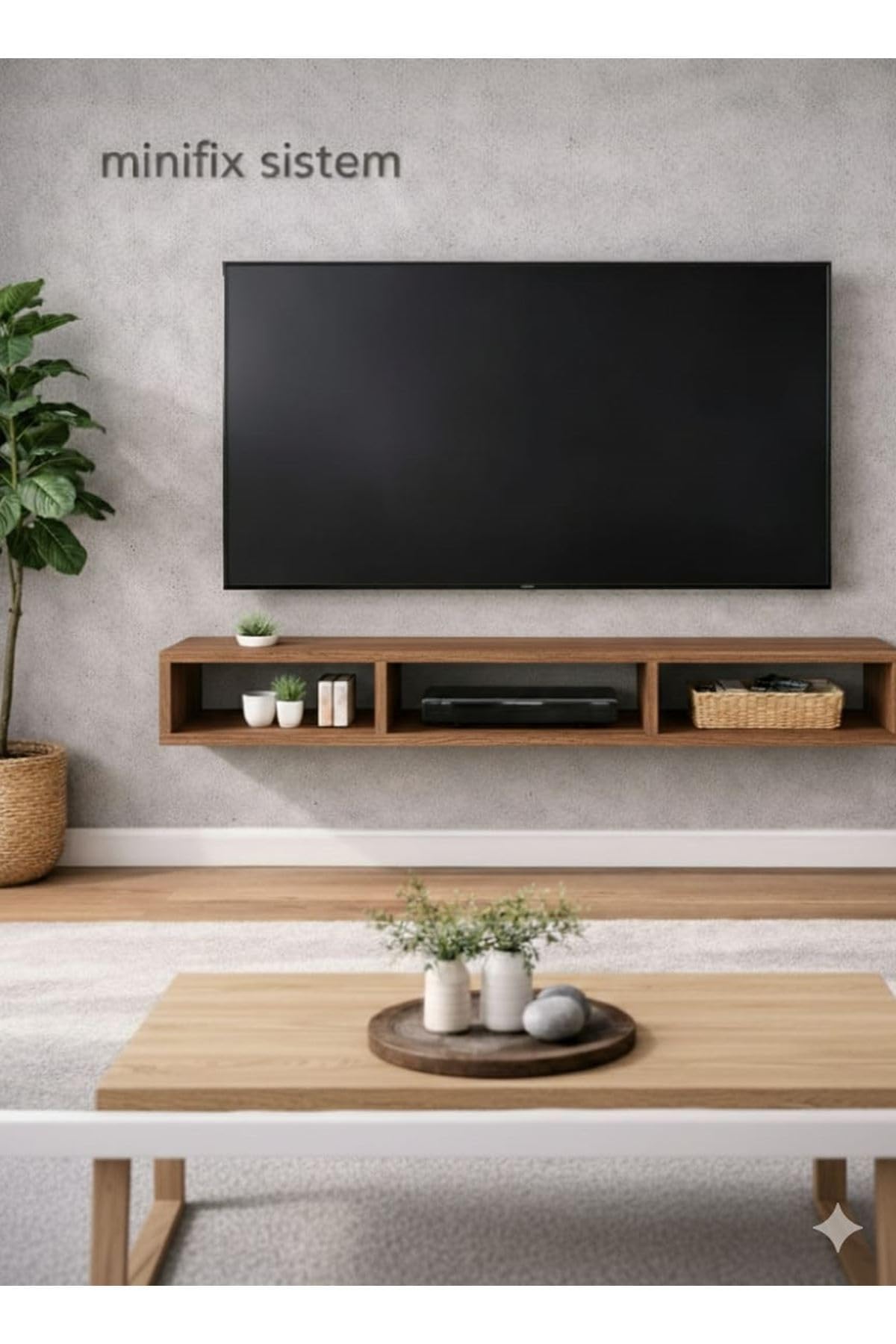 Dekoratif Raflı Duvar Tv Ünitesi Üç Bölmeli Atlantik Çam 150