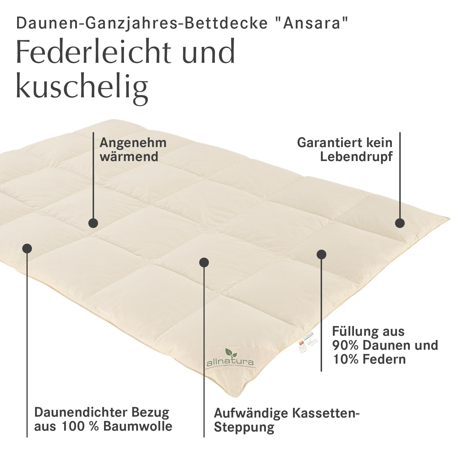 allnatura Daunen Bettdecke ANSARA 135x200 - warme Decke für 4 Jahreszeiten - federleicht und mit optimalen Isolationseigenschaften - 90% Daunen und 10% Federn Klasse 1 - Downpass - Made in Germany
