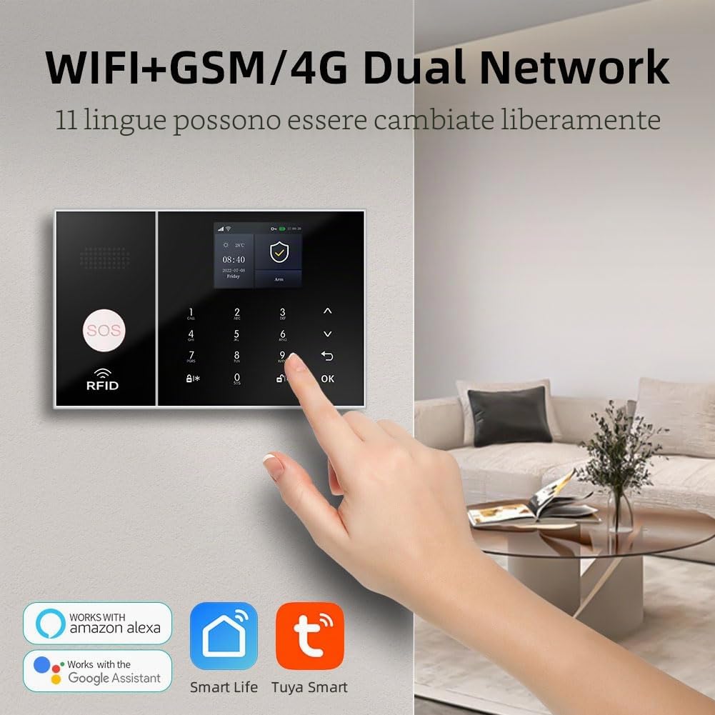 XNY Allarme Casa Wifi, Antifurto Casa wireless, Kit Allarme Casa Senza Fili 4G con APP Alert, Rilevatore di Movimento, Sensore Finestra Porta, Telecomando, Sirena (PG-108-4G-F)