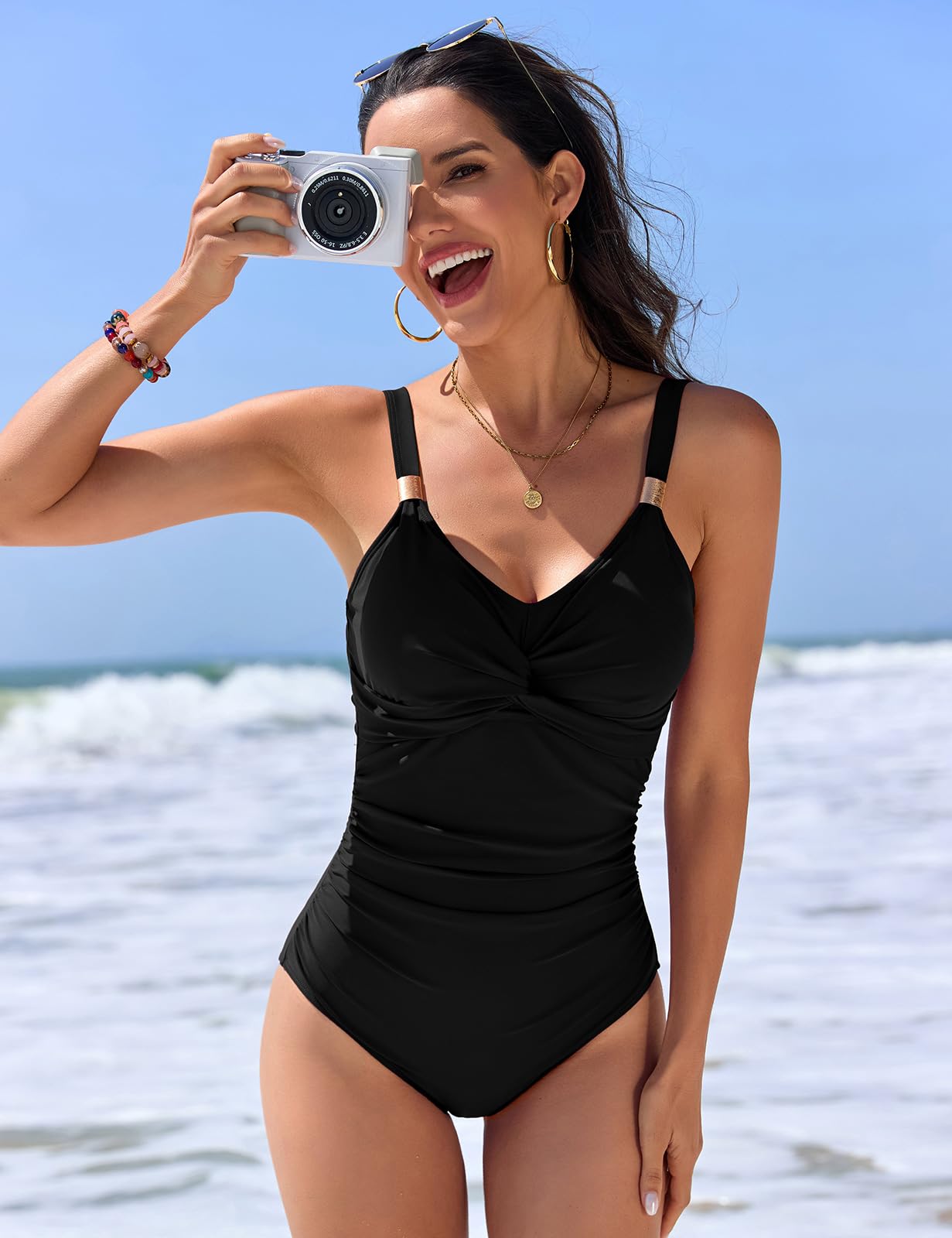 Nadeer Maillot de Bain Femme 1 Pieces Gainant Maillots Une Pièce Sexy Push Up Torsadé avec des Ornements Métalliques Swimsuit de Plage et Piscine