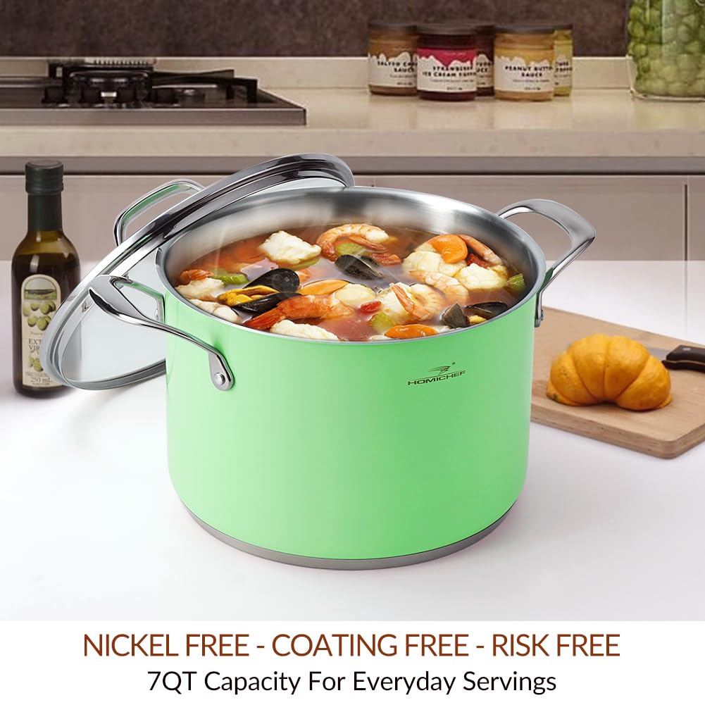 HOMICHEF Marmite 6,6 L Vert Menthe en Acier Inoxydable Sans Nickel avec Couvercle en Verre - 24 CM Marmite à induction à usage intensif sans revêtement non toxique