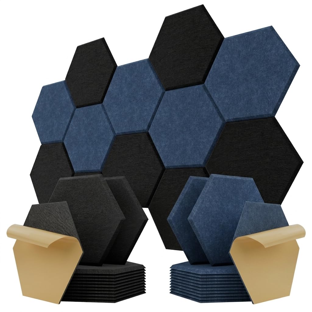 Kuchoow Paneles Acusticos Hexagonales Pared Autoadhesivo, Bundle 12 piezas Gris oscuro y 12 piezas Azul