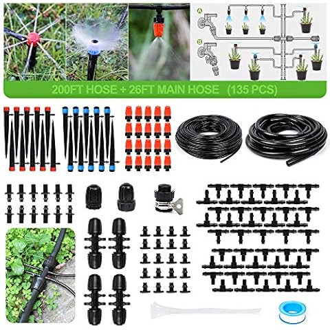MIXC 226FT Greenhouse Micro Drip Irrigation Kit Automatic Patio Misting Plant Watering System with 1/4 inch 1/2 inch Blank Distribution Tubing Hose Adjustable Nozzle Emitters Sprinkler Barbed Fittings Cover