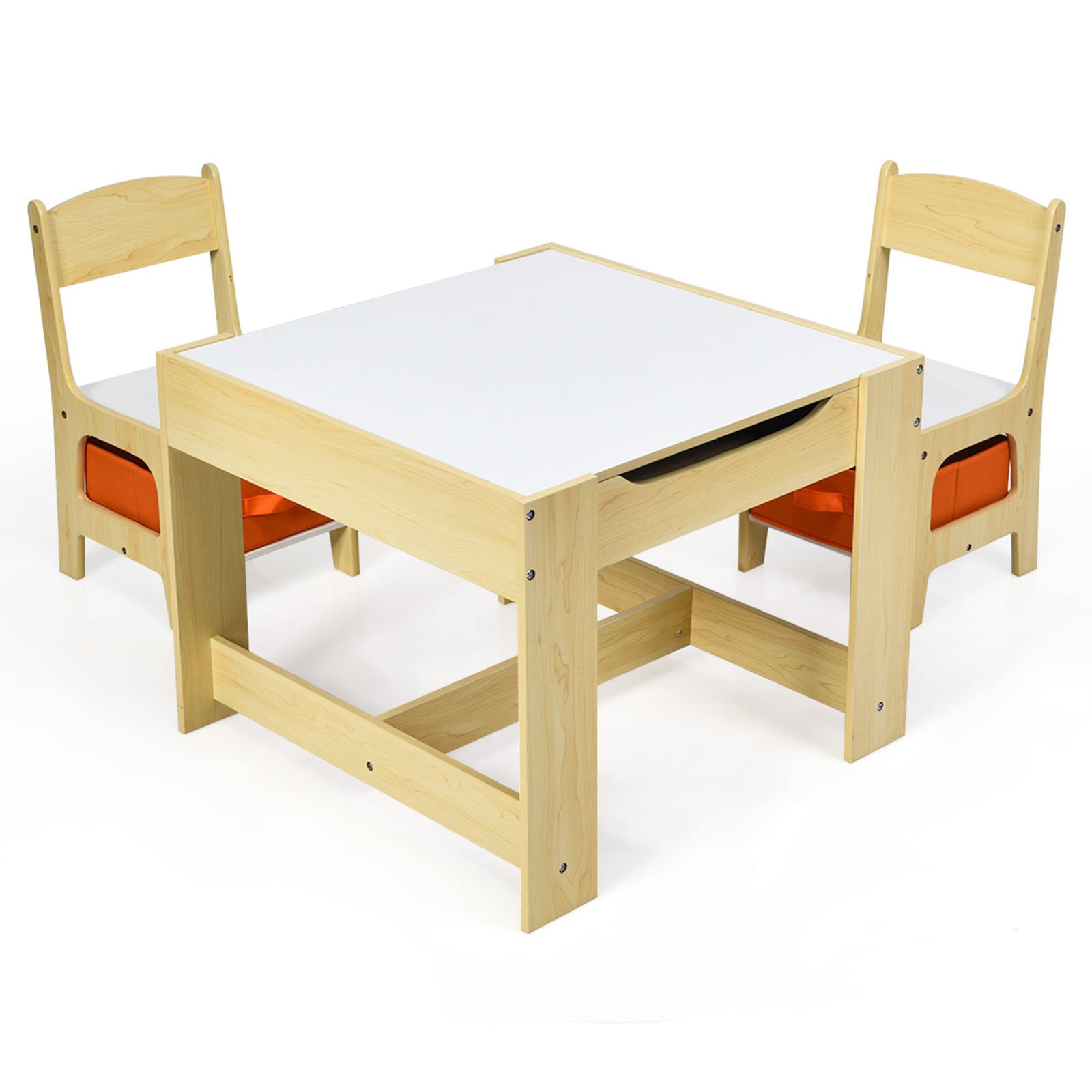 GOPLUS Juego de Mesa y 2 Sillas Infantil 3 en 1, Grupo de Asientos y Escritorio con Pizarra para Niños, Mueble Infantil con Cajon de Almacenamiento Que Ahorra Espacio, Madera, Naranja (Naranja)