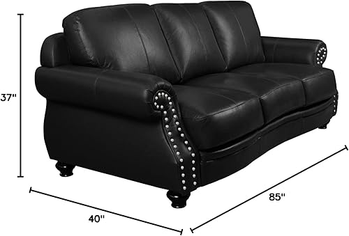 Miniatura 3 de Sunset Trading Charleston - Sofá de cuero de grano superior de 86 pulgadas de ancho, color negro, 3 plazas con brazo enrollado, sofá con cabezas de