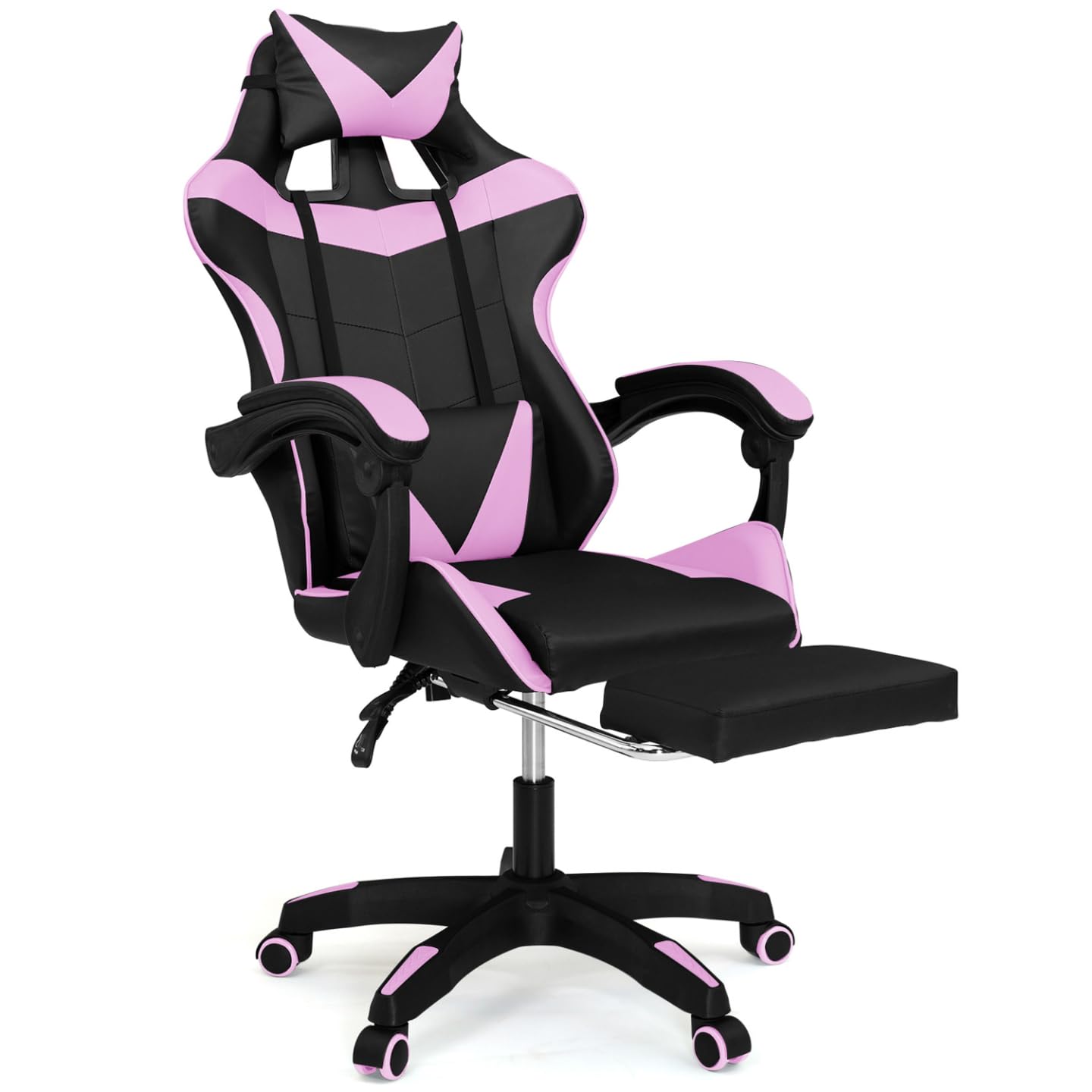 IDMarket Alex - Sillón de juego ajustable con reposapiés, cojÃn de cabeza y cojÃn Lumbar, color negro y rosa