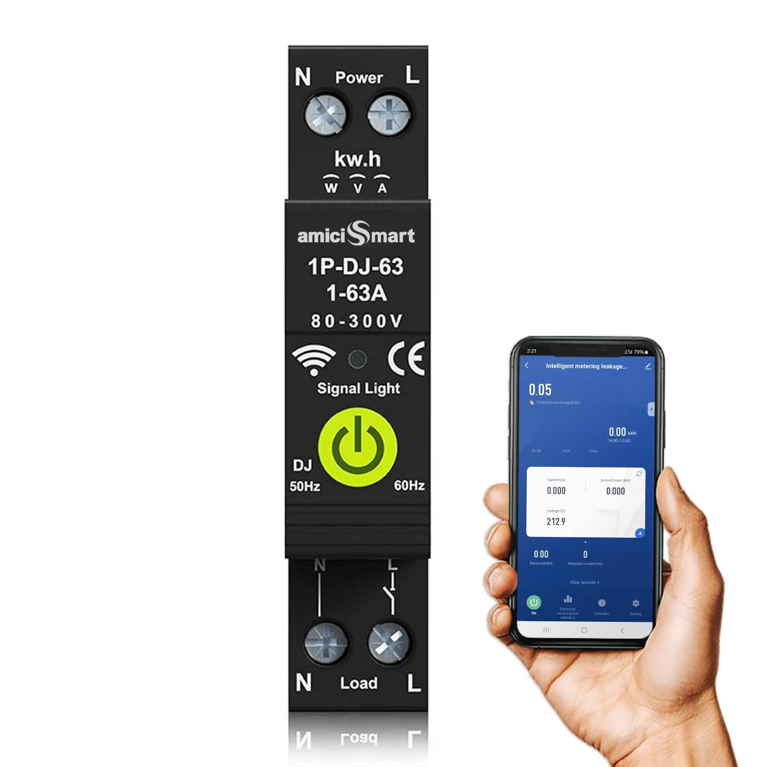 amiciSmart WiFi Bidirectional Energy Meter with Timer Switch | Over/Under Voltage and Over Current Protection Device with Over Temperature and Leakage Protection, Single Phase, 220VAC