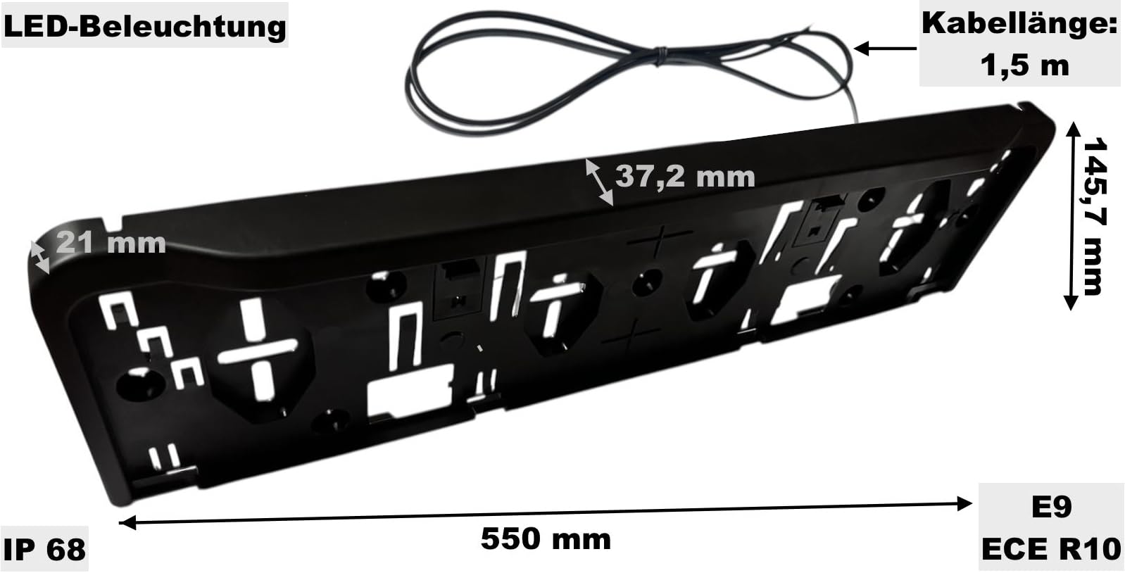 2X Soporte de matrícula con iluminación LED – Universal 12–36V – Homologación E9 / ECE R10 – IP68 – para Coches Camiones remolques y maquinaria agrícola