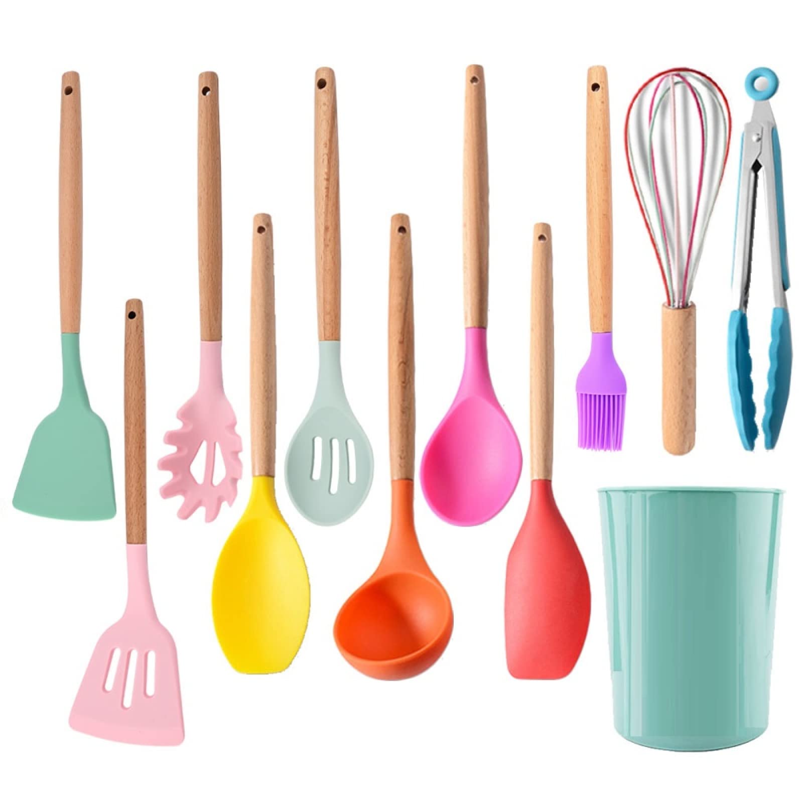Ustensiles de cuisine en silicone arc-en-ciel et spatules antiadhésives en bois