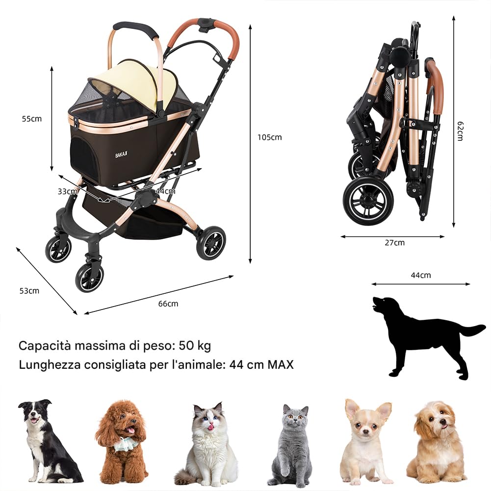 BAKAJI Passeggino per Cani e Gatti 2in1 con Navicella Rimovibile e Chiusura Salvaspazio, Carrozzina Animali Domestici con Capsula Trasportino Rimovibile e Tettuccio Apribile, Peso Max. 50kg (Marrone)