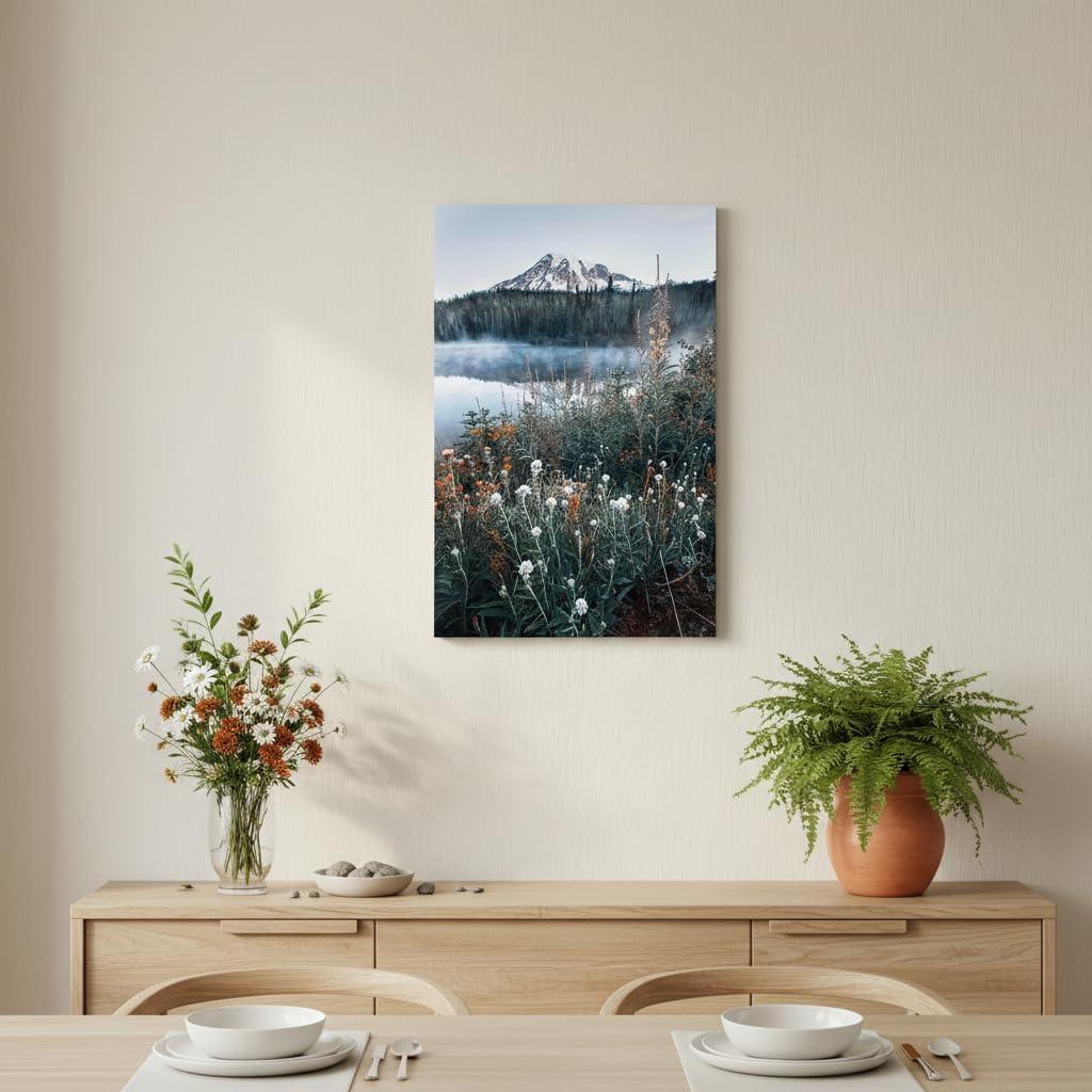 arttitue Nature Wall Art Canvas Decor: Lake Scene Picture Misty Landscape Print Mountain Forest Scenery Painting Natural Wildflower Artwork for Bathroom Living Room Bedroom Decoration