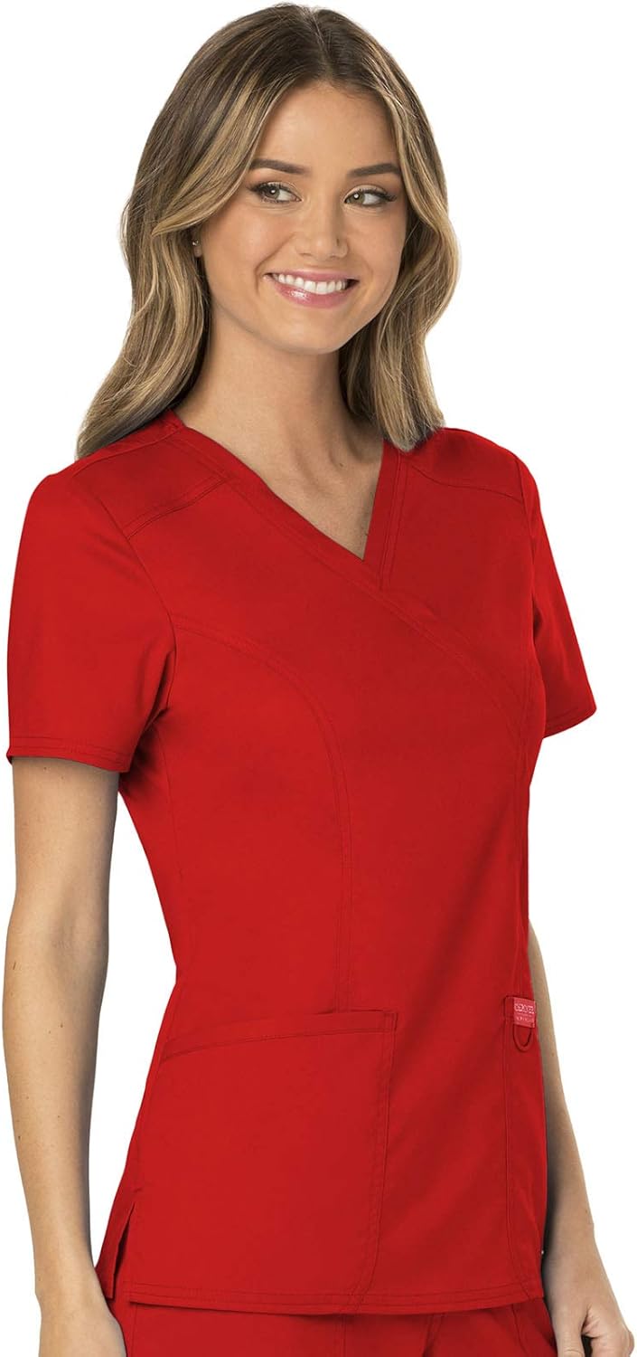 Cherokee Scrubs for Women Mock Wrap Top with 3 Pocket, Back Princess Seams WW610 X-Small Red