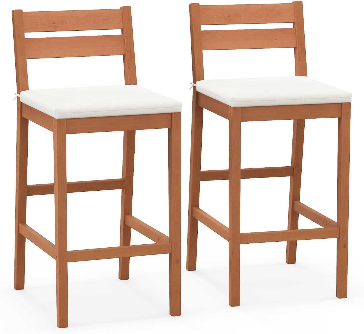Tangkula Patio Eucalyptus Wood Bar Stools Set of 2, Outdoor Bar Height Patio Chairs with Cushions, Outdoor Barstools for Backyard, Garden, Balcony, 400 lbs Capacity (1, Off White)