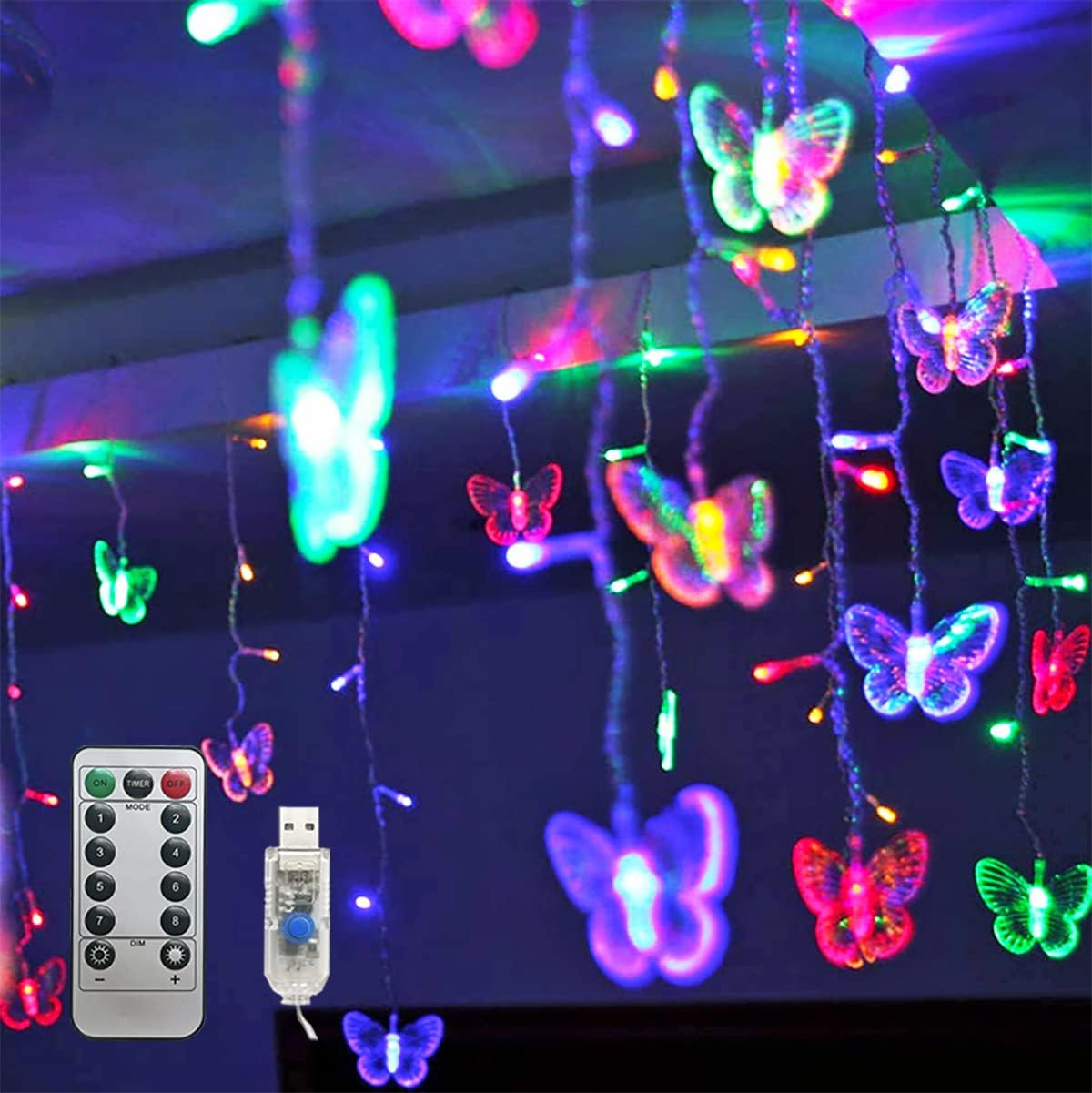 Butterfly Curtain Fairy Lights USB Plug in,8 Modes 120 LED 20FT Firefly Twinkle Timer String Lights with Remote, Waterproof for Bedroom Christmas Wedding Party (Multicolor)