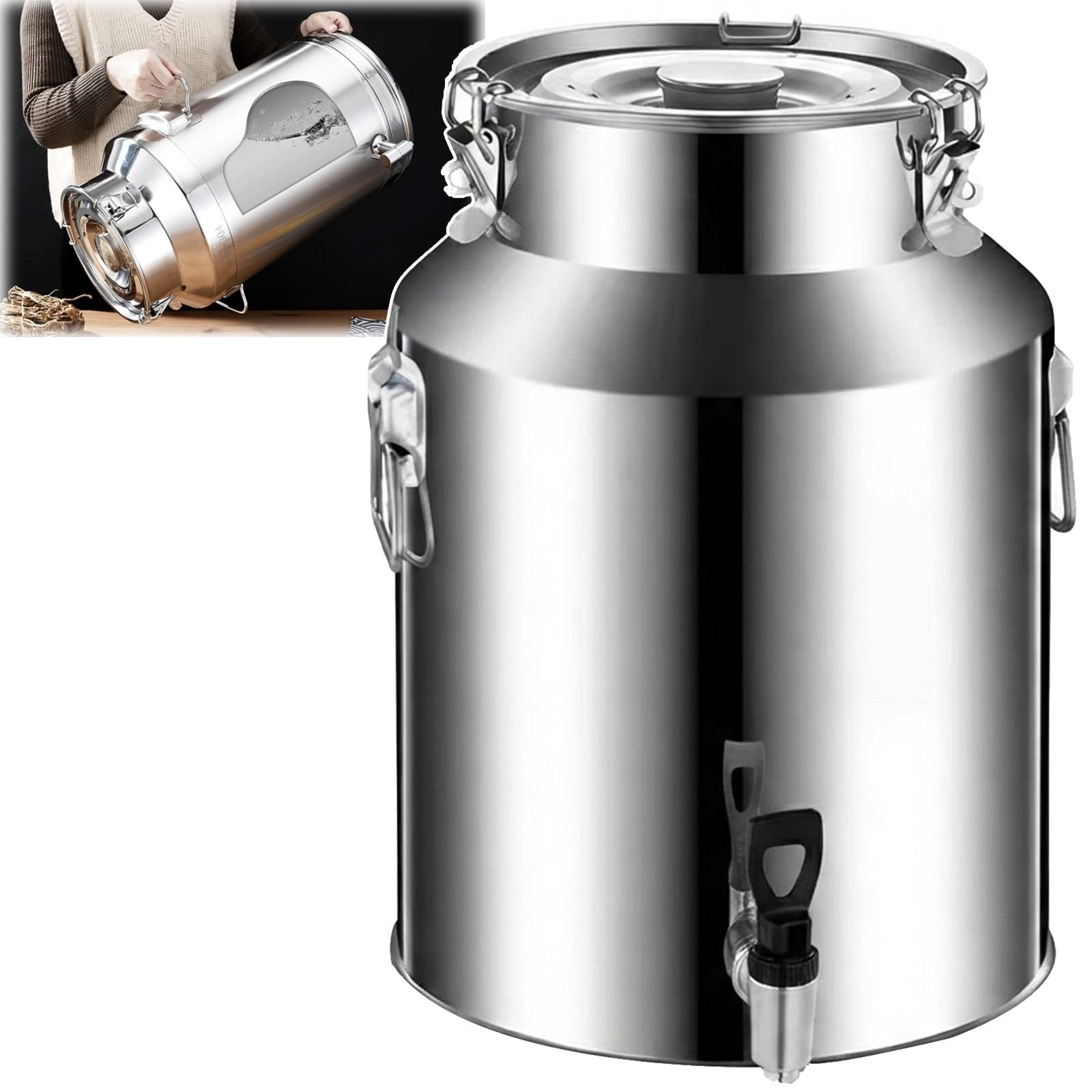 Secchio per Il Latte in Acciaio Inox da 20 Litri con Rubinetto, Secchio in Metallo per Il Vino (11L)