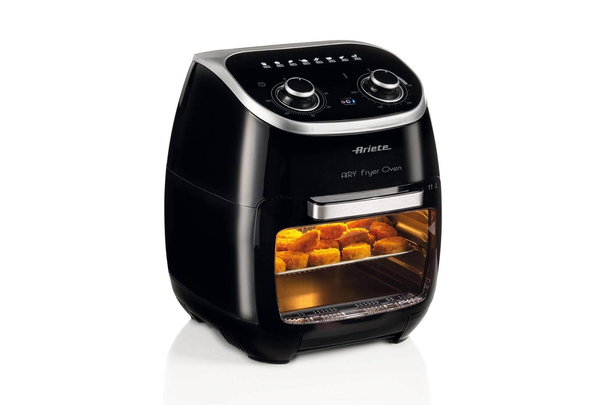 Ariete 4619, Freidora de aire y horno en uno, 11 L, multifunción, temporizador 60 minutos, puerta transparente extraíble, temperatura 80, 200º C, 2000 W, negro