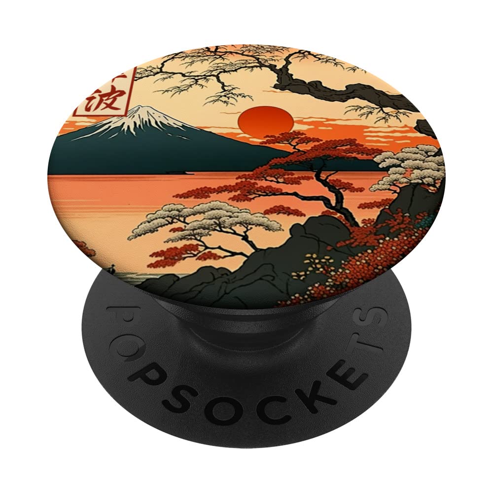 Japanese Red Sunset and Mountain Asian Fuji Kanji Japan Art PopSockets Adhesive PopGrip