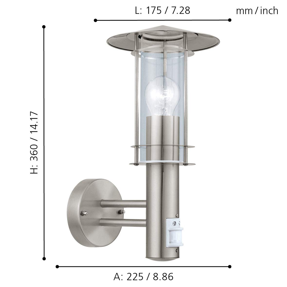 EGLO Außen-Wandlampe Lisio, 1 flammige Außenleuchte inkl. Bewegungsmelder | Sensor-Wandleuchte aus Edestahl, Farbe: Silber, Glas: klar, Fassung: E27, IP44