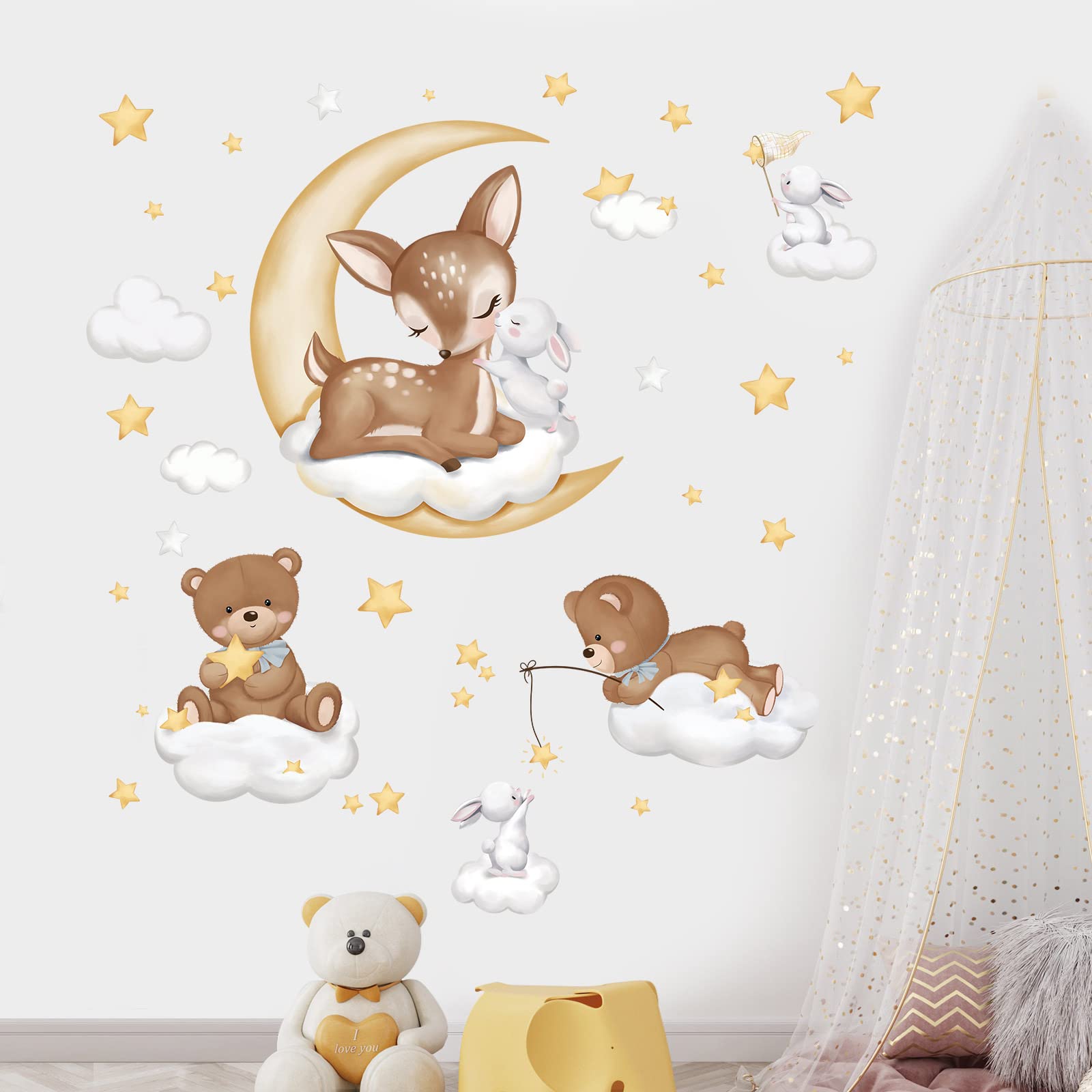 wondever Stickers Muraux Enfants Animaux Endormis Cerf Autocollants Muraux Mural Stickers Ours Lune Nuage pour Chambre Enfants Fille Bébé Pépinière
