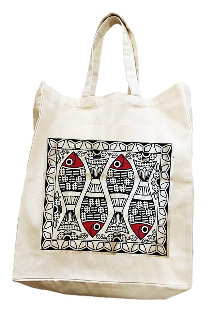 Unisex-Adult Shopping Bag - Madhubani Fish Print - 100% Cotton, Reusable, Printed Canvas Bag, Off-White