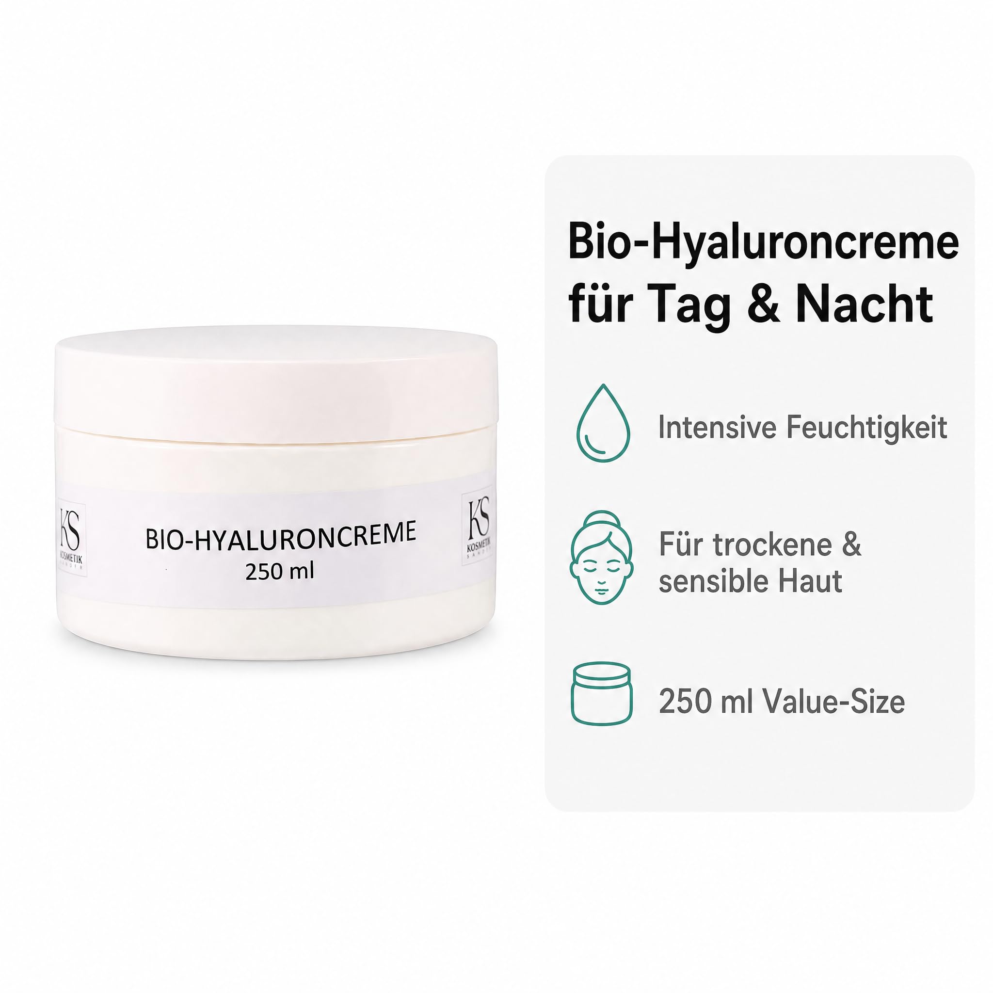 KS Beauty Bio Hyaluroncreme, Tages- & Nachtcreme für trockene Haut, 250 ml | Reichhaltige Feuchtigkeitscreme mit Hyaluronsäure, Q10, Niacinamid & Aloe Vera – dermatologisch getestet, Made in Germany