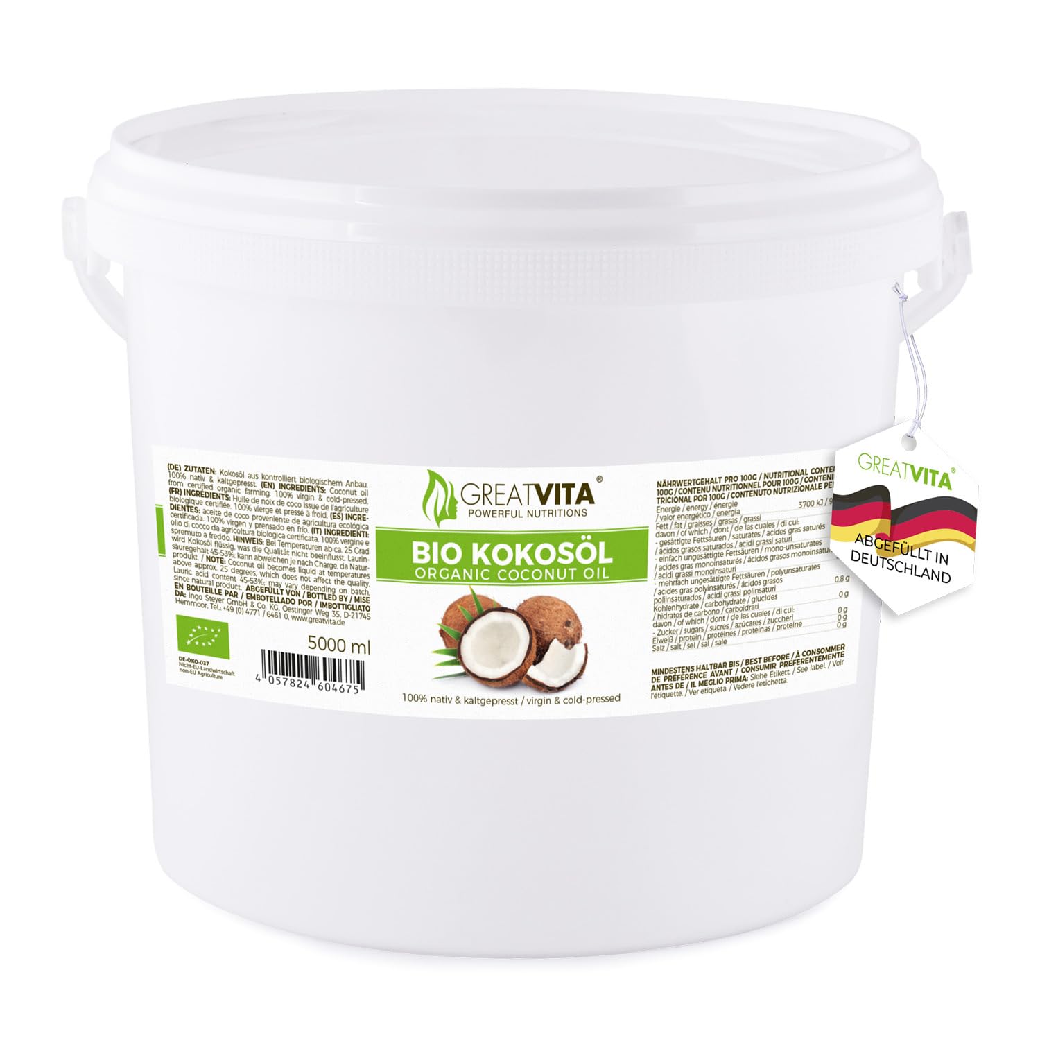GREAT VITA - Aceite De Coco Orgánico, Nativo, 1 Paquete (1 X 5L) En Un Cubo 5000 ml