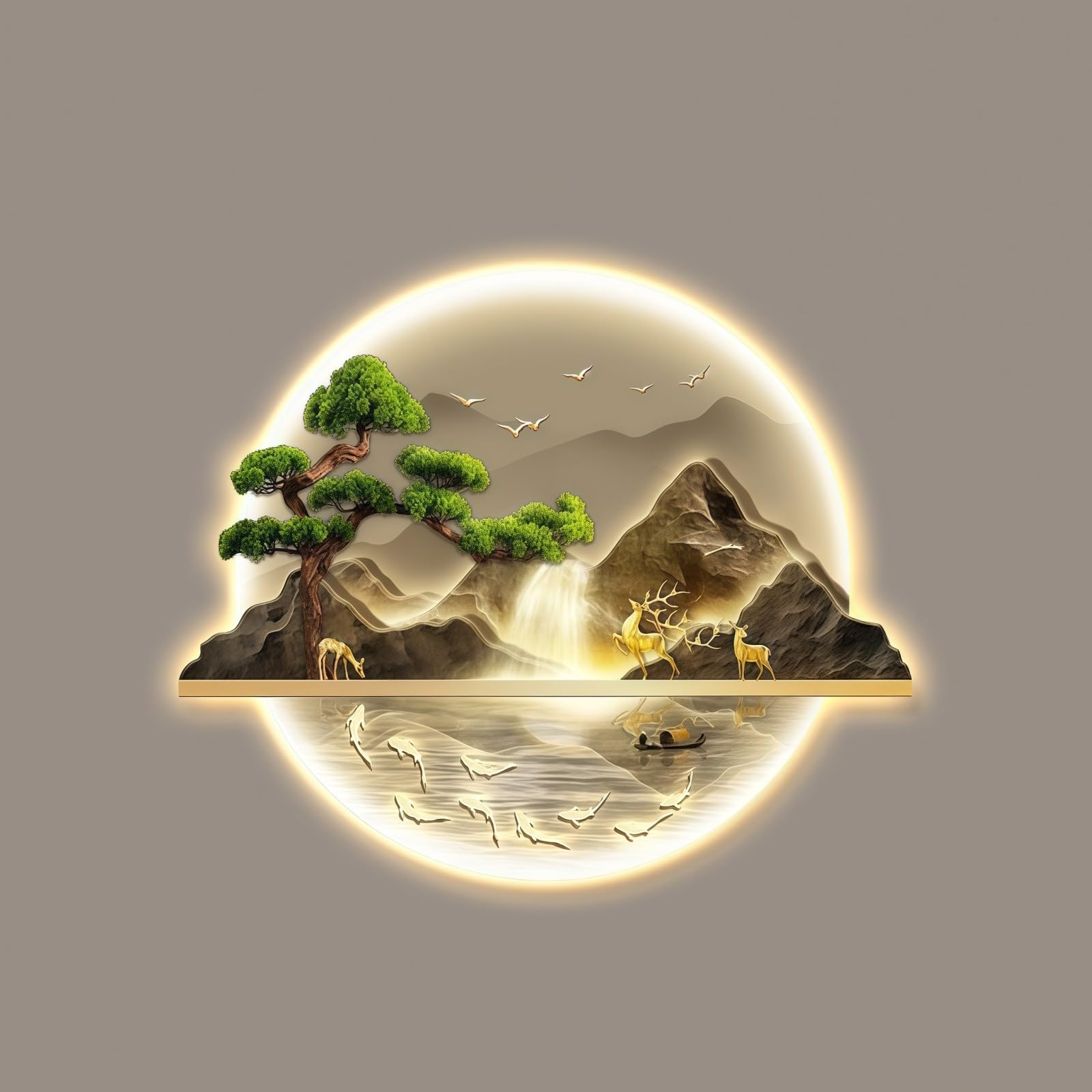 Dekorative 3D-Wandkunst, das Bild zeigt eine fließende Wasserlandschaft, Feng Shui Wandbild, Skulptur, Gemälde, LED-Beleuchtung und kann in Eingangsbereichen und Wohnzimmern verwendet werden. N, 70 x