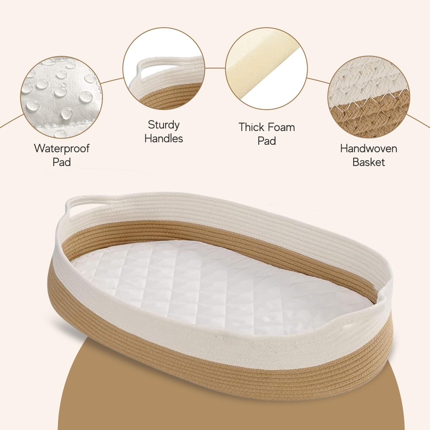 Baby Wonders Kosz na pieluchy dla niemowląt z wodoodpornym materacem i komfortową poduszką - Cesta de Change Naturalny, wiklinowy design, przenośny kosz na zmiany, do sypialni i podróży