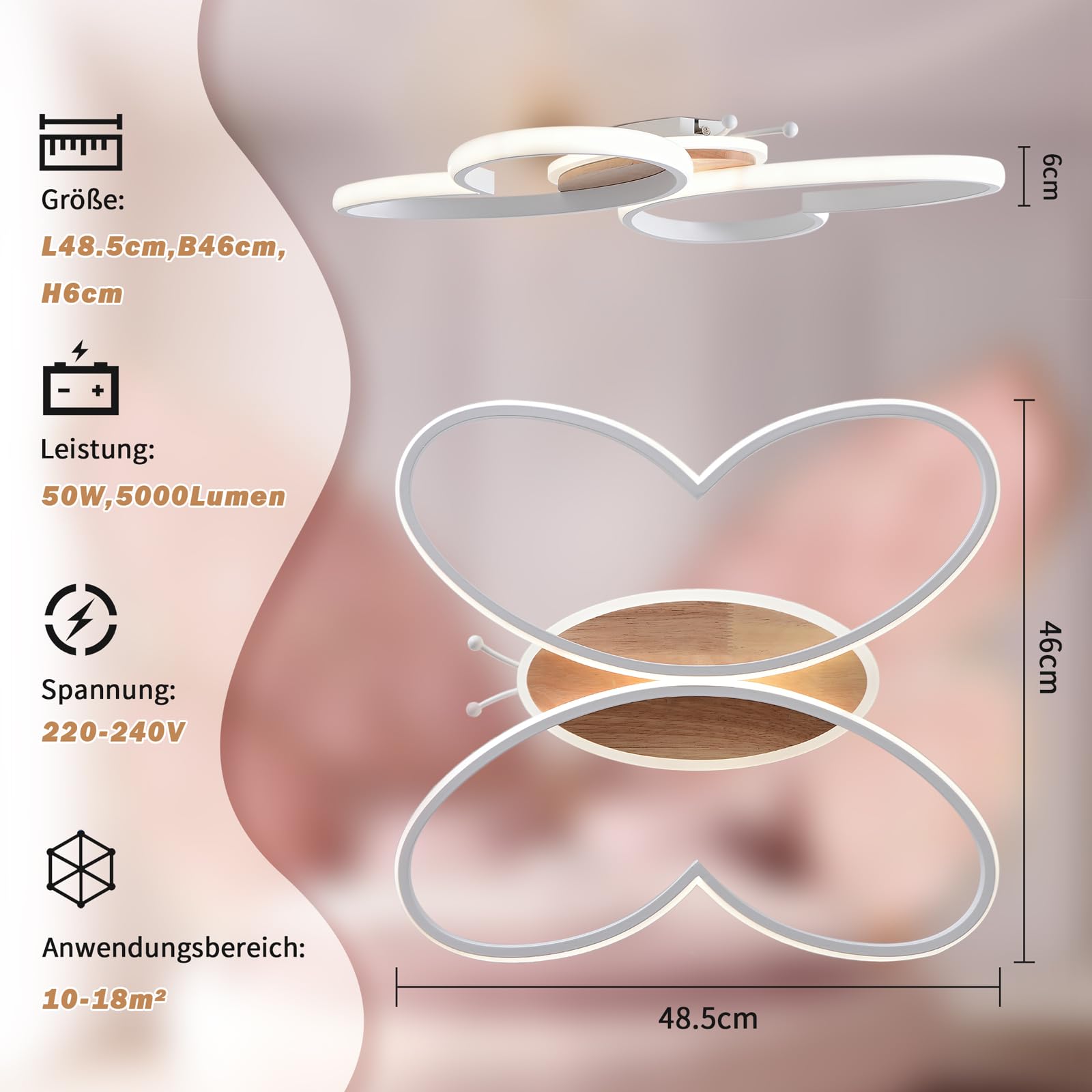 YLFXL Plafoniera Led Soffitto 50W Plafoniera Cameretta Bambini Dimmerabile, 48cm Lampadario Camera da Letto Farfalla Creativa Lampade a Soffitto Led per Soggiorno Camera da Letto Camera dei Bambini