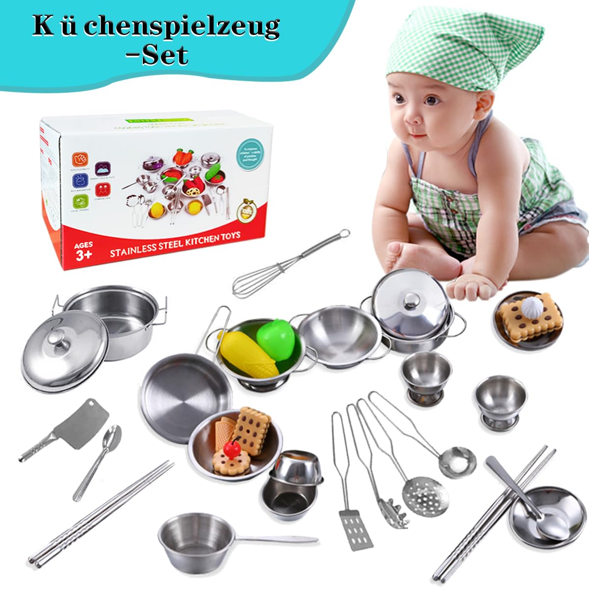 Lot de 25 ustensiles de cuisine en acier inoxydable pour enfants - Casseroles de jeu de rôle - Jouets éducatifs pour tout-petits - Petite taille