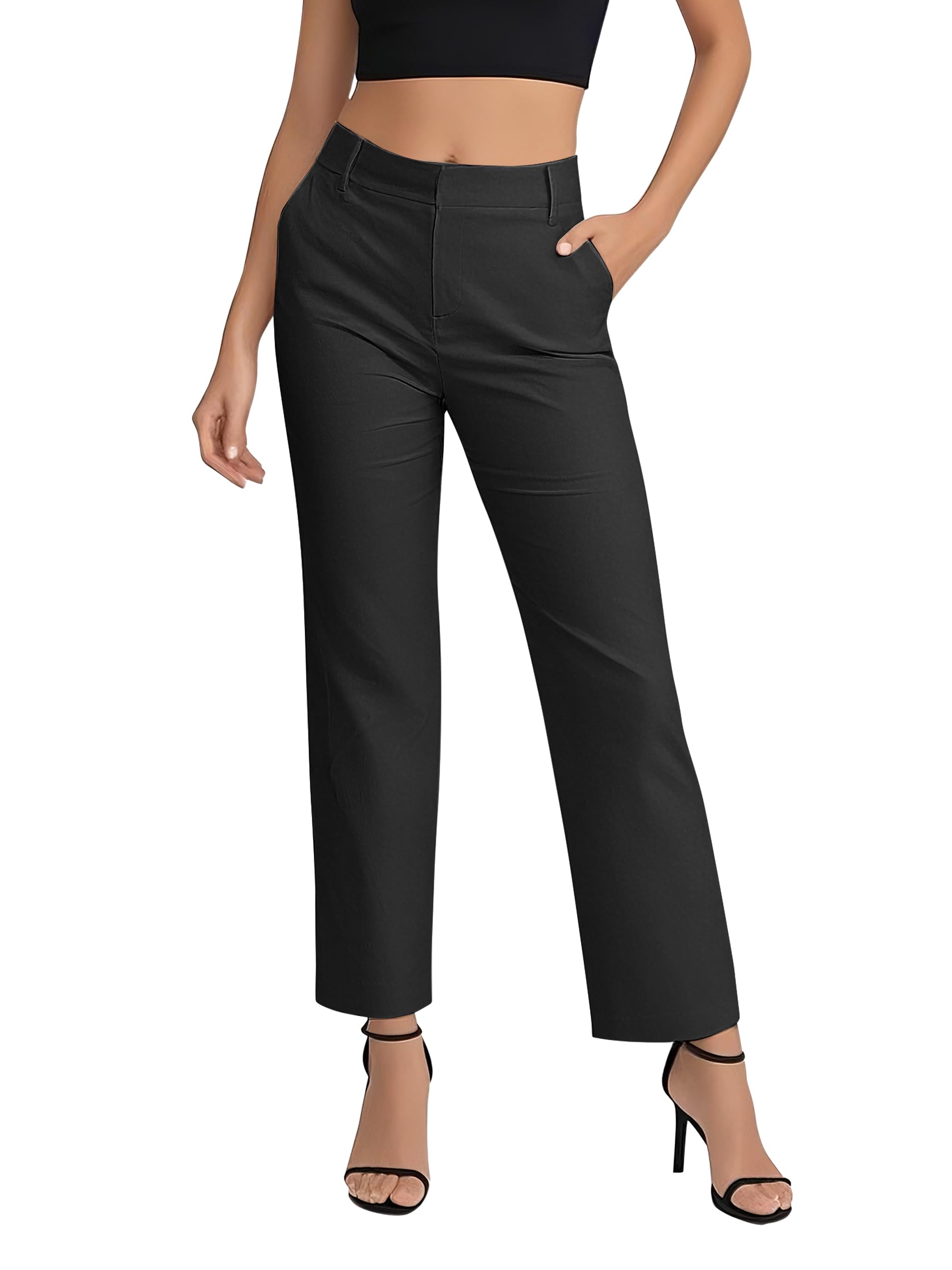 EXCHIC Donne Business Casual Elastica Vita Gamba Dritta Pantaloni con Tasche