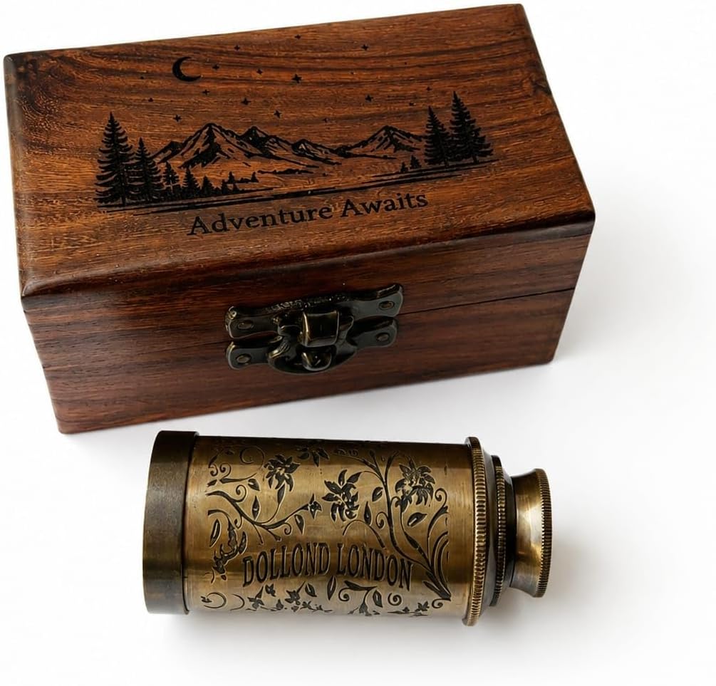 Antique Brass Pocket Telescope with Wooden Gift Box – Vintage Marine Spyglass Pirate Telescope for Adventure Lovers, Camping, Hiking, Nautical Decor & Collectible Gift