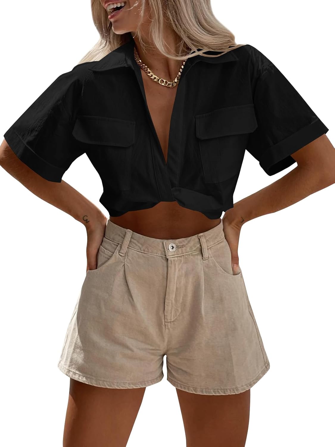 Imily Bela Womens Cropped Shirts Summer V Neck Twist Front Tops Blouses with Pockets - Image 2