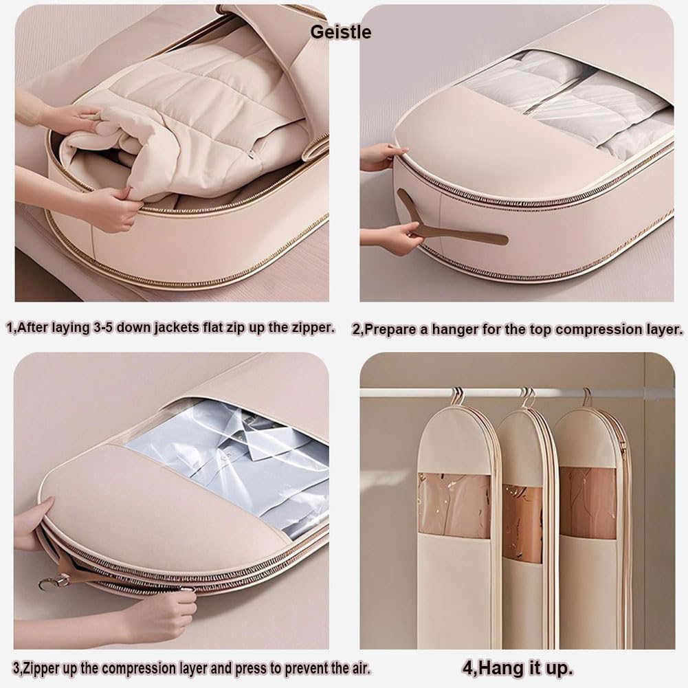 Lot de 3 sacs à vêtements à suspendre avec fermeture éclair auto-compression, organiseurs de placard pour manteau en duvet, sacs de rangement sous vide (beige, (taille M + L + XL)