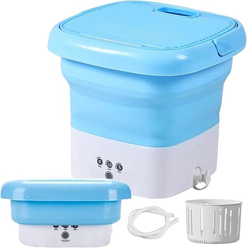 Lavadora portátil plegable de cubo, lavadora de turbina pequeña con cesta de drenaje para apartamento, dormitorio, ropa interior o artículos