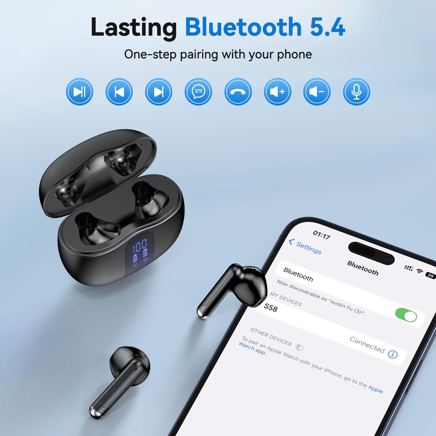 Wireless Earbuds, Bluetooth 5.4 Bass Stereo Headphones with 4 ENC Mic, 50H Playback Ear Buds with Charging Case LED Display,Sport Earphones IPX7 Waterproof for Phone, Android, Pad, DeepBlack - 4