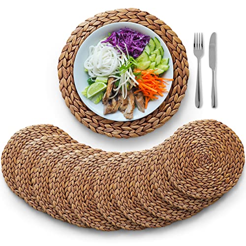 Image of (Sizes: 12 inch-13 inch-14 inch) BLUEWEST Woven Placemats Set of 10, Brown Round Rattan Water Hyacinth Table Mats, Braided Heat-Resistant & Anti-Slip Design for Dining Table (14'')