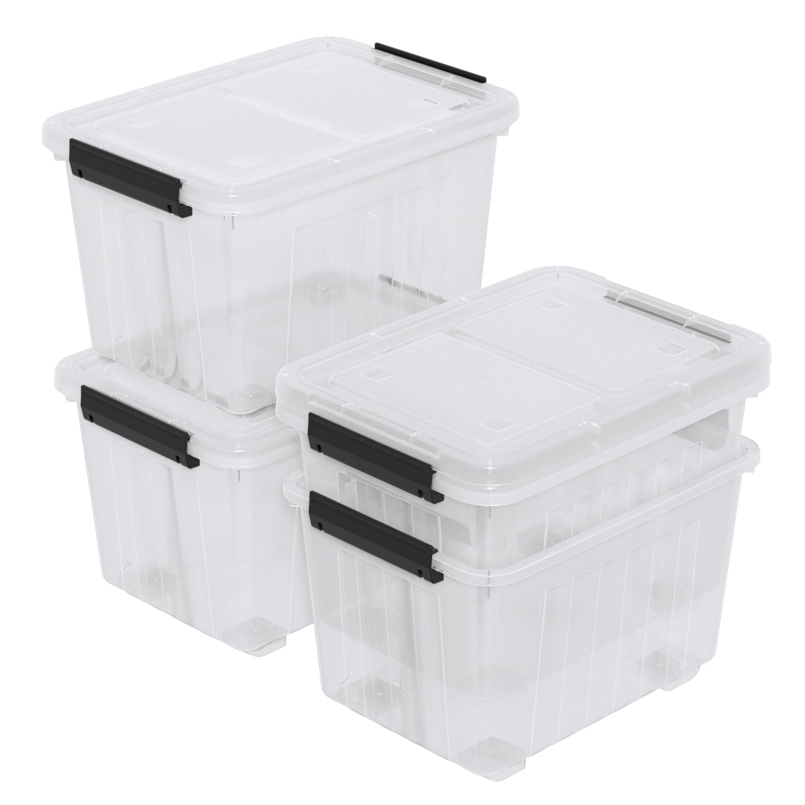Contenedor de almacenamiento apilable de plástico transparente de 30 cuartos con tapa, paquete de 4 cajas de cierre de plástico con ruedas