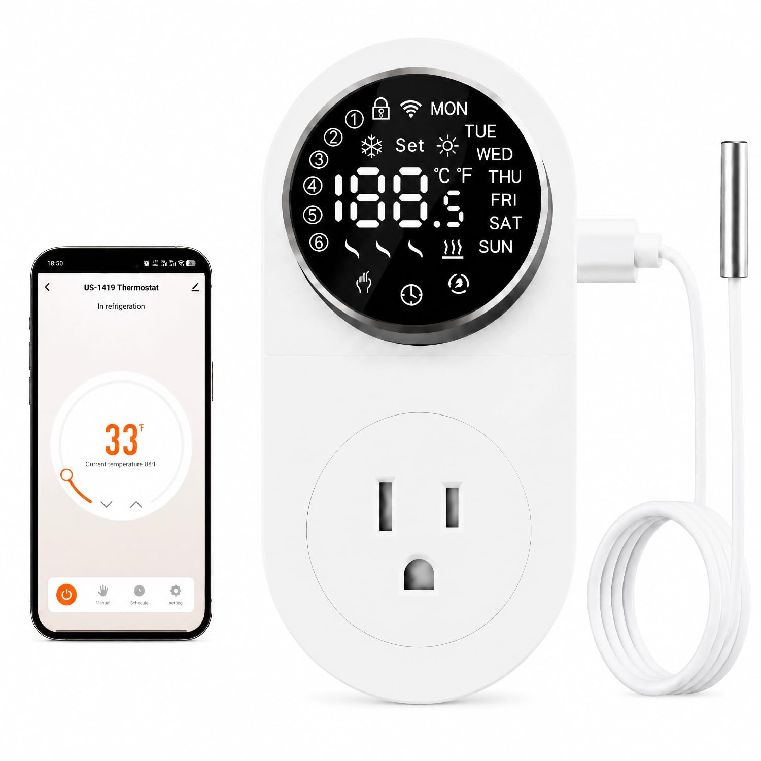 Smart WiFi temperature controller with LED rotary knob,7-day programming, heating/cooling for greenhouse/reptile/home brewing Plug in WiFi Thermostat, Knob Temp Controller with Probe, App Control