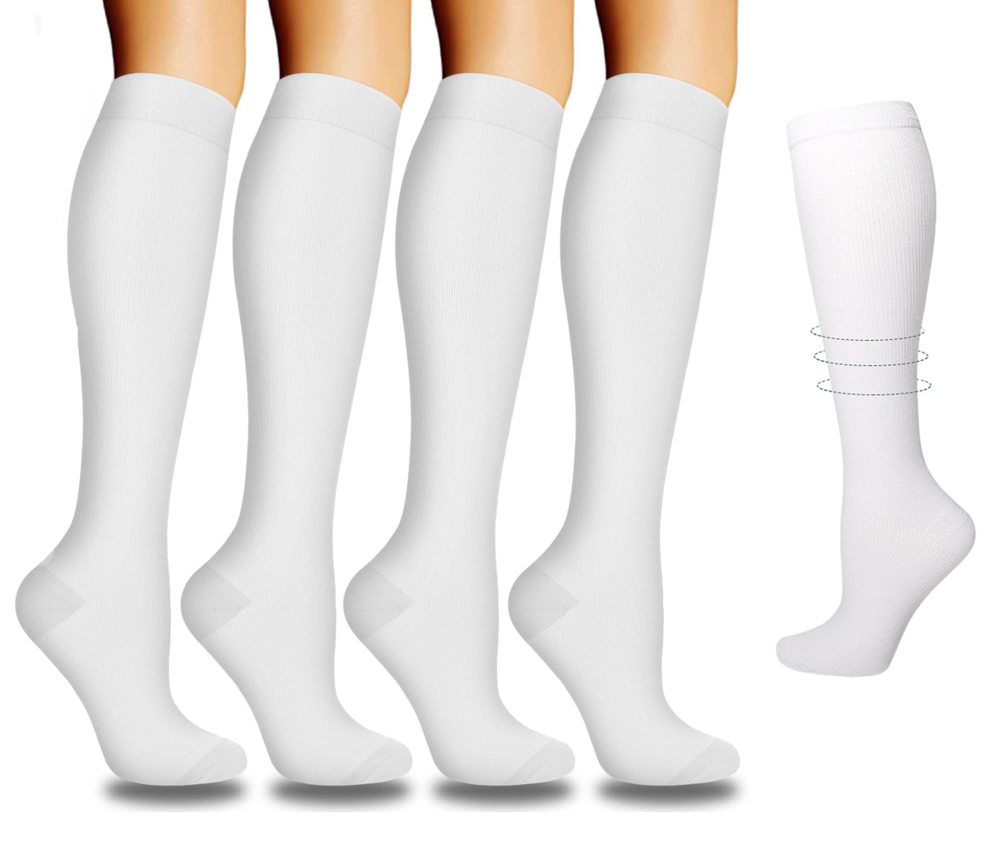 Sweet seven 4 Pairs of Compression Socks , 20-30 mmHg Best for Athletic, Maternity, Travel, and Flight Socks - Running, and Fitness High Circulation Socks for Women and Men(White)