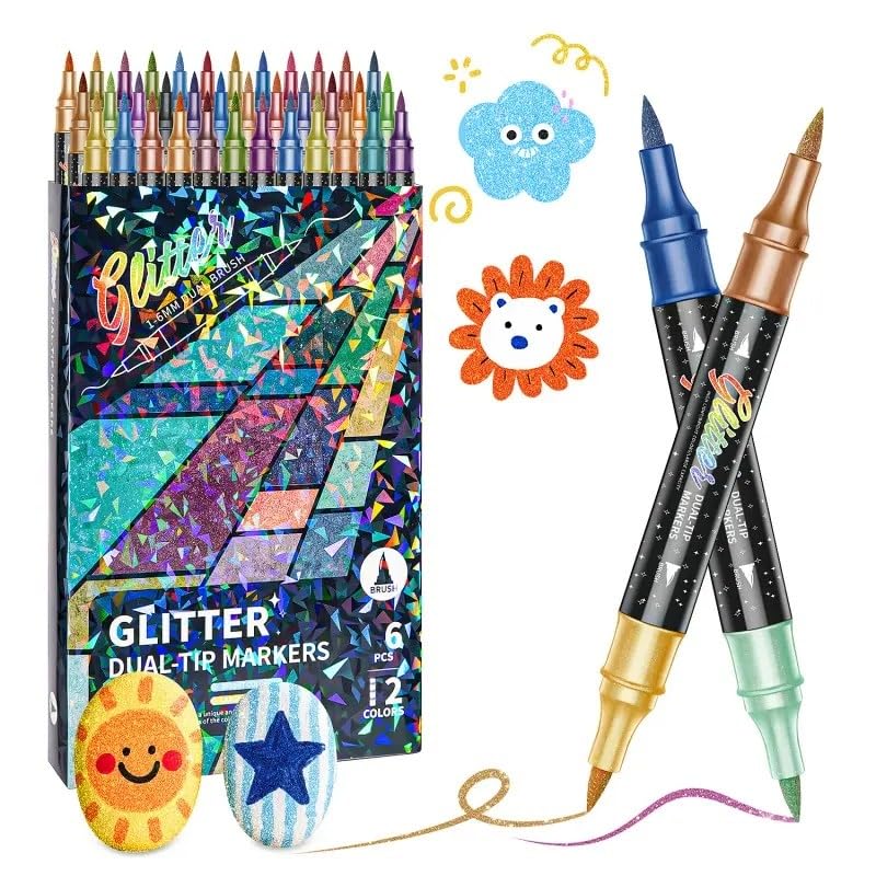 Image of Amitasha 12 Color Shades Art Marker Glitter Brush Pen Set Soft Dual Tip Water-based Shimmer Colors Sketch Pen for Kids Adults DIY Greeting Birthday Cards Scrapbook (6 Pen = 12 Colours)