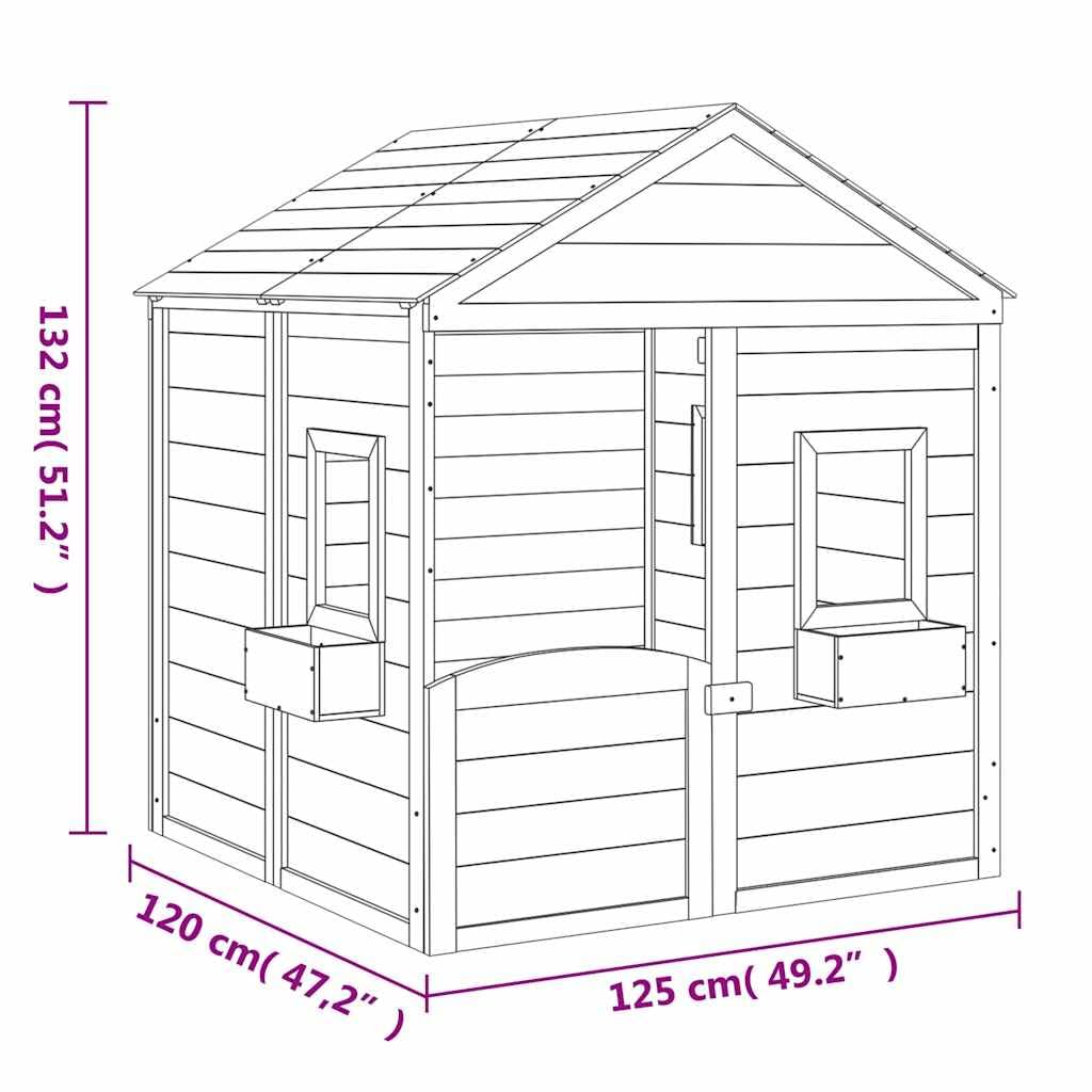 Spielhaus Gartenhaus Kinderhaus aus Tannenholz mit abschließbarer Tür und offenen Fenstern, 2 Blumentöpfen, für Garten Terrasse und Hof, 125 x 120 x 132 cm, dunkelgrau, 3 bis 12 Jahre