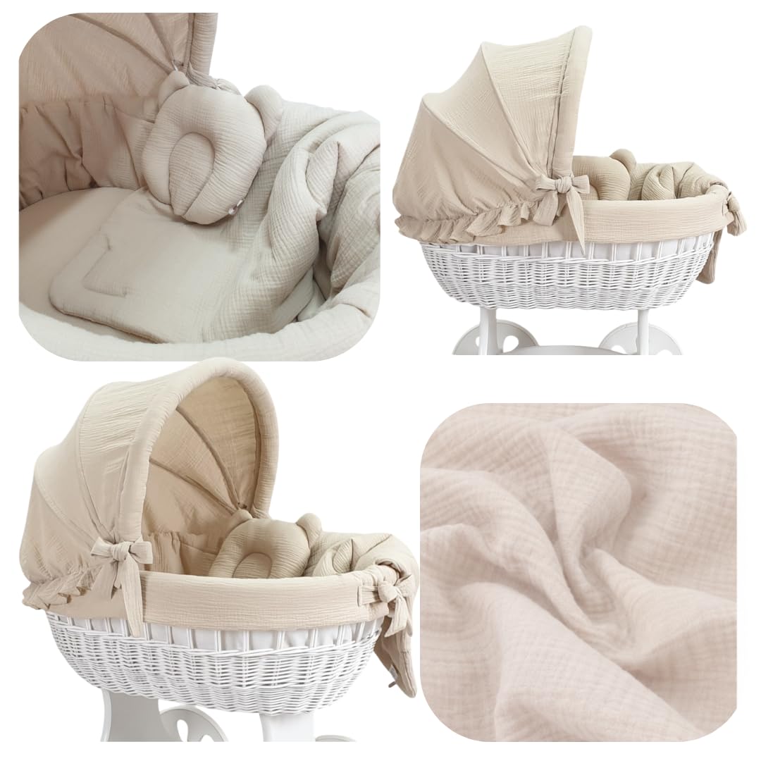 Wiklinopol Baby Bettwäsche Set 5-teilig Musselin Verdeck 110 cm Beige | Stubenwagen Bezug Set, Babybettwäsche aus 100% Baumwolle, Decke 70x80 cm, Kissen 25x30 cm, Spannbettlaken, Einlage Ø 260 cm