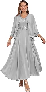2 Pieces Mother of The Bride Dresses with Jacket Sequins Lace Chiffon Formal Evening Wedding Guest Dress - Buy now