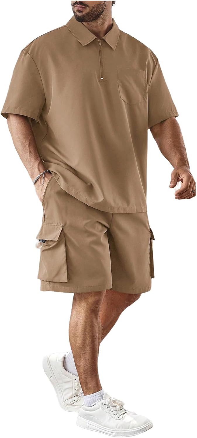 Men's Plus Size Two Piece Collared Neck Half Zipper T Shirts and Drawstring Shorts Clothing Set