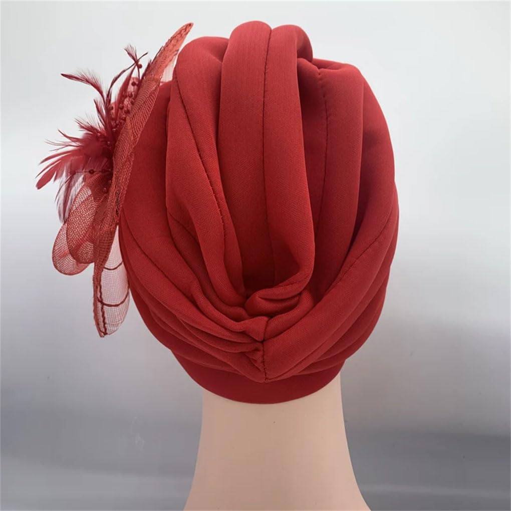 Turban mit Federn und Blumen, für Damen, muslimisches Kopftuch, Mützen, Hochzeit, Party, Kopfbedeckung, Turbante, afrikanische Kopfbedeckung