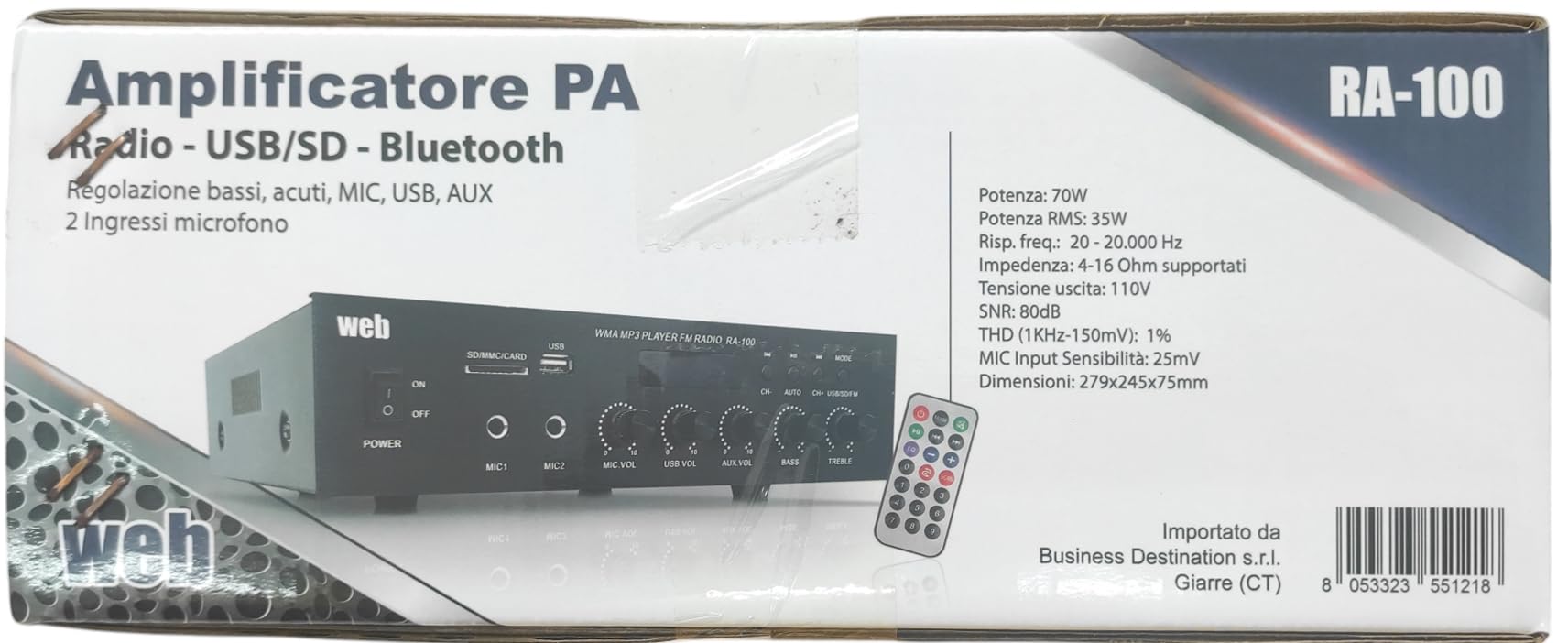 Amplificatore Mono PA RA-100 70W con Radio, USB/SD e Bluetooth – Ingressi RCA e Microfono – Regolazione Tono e Uscita 110V per Casse Acustiche
