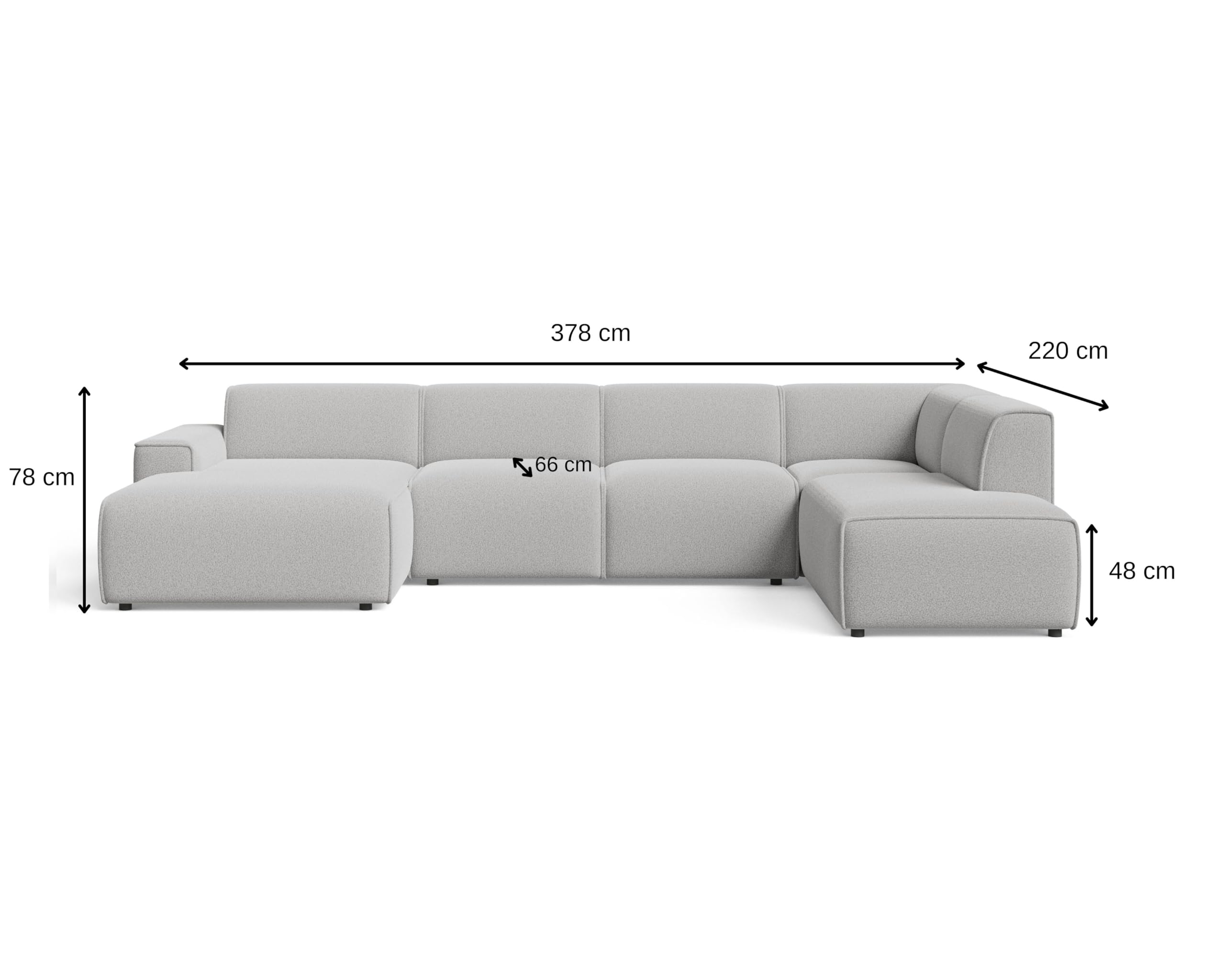 GRAINGOLD Belluno Ecksofa 378x220 cm, U-Form Sofa, Ecksofa für Wohnzimmer, Bouclé Stoff, 5-Sitzer Wohnlandschaft, Modernes Design (Weiß, Rechts)