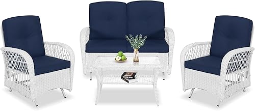 Miniatura 12 de VIVIJASON Silla mecedora de mimbre para exteriores, 2 piezas, sillas mecedoras de ratán para patio con cojines y marco de acero, muebles de mimbre