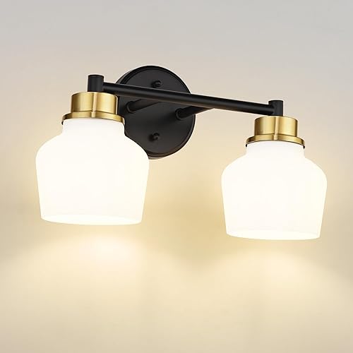Emak Lámpara de baño negra y dorada sobre espejo, lámpara de tocador de baño de 2 luces con pantalla de vidrio de leche, luces modernas de tocador